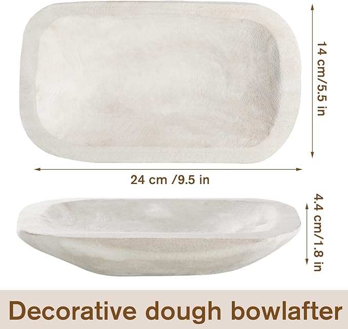 Large Wooden Dough Bowl Decorative Wooden Bowl Rustic Long Dough Bowls Decor for Farmhouse Home Dining Table Centerpiece Living Room Kitchen Decorations(10 x 6 Inch,White)
