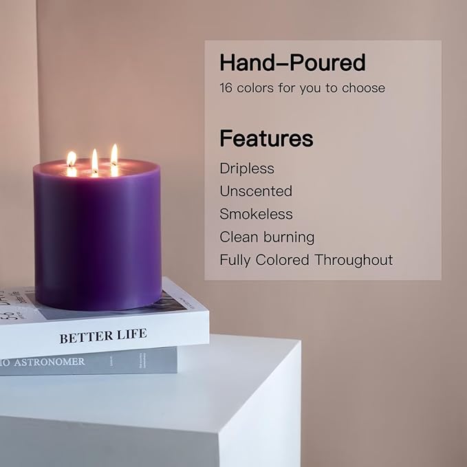 MOZEAL Extra Large 3 Wick Purple Pillar Candle, 6" x 6", Unscented, Dripless, Smokeless, and Clean-Burning. Approx. 120 Hours of Burn Time. Perfect for Weddings, Dinners, Christmas and Home Decor
