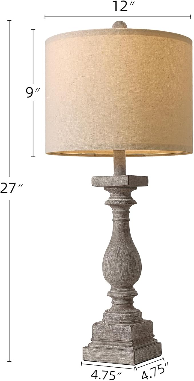 BOBOMOMO 27" Farmhouse Table Lamps with USB-A +C Ports, Vintage Rustic Lamps for Living Room, Linen Shade, Retro Side Table Lamps Set of 2 for Living Room,Bedroom,Night Stands,Office, Home Decor