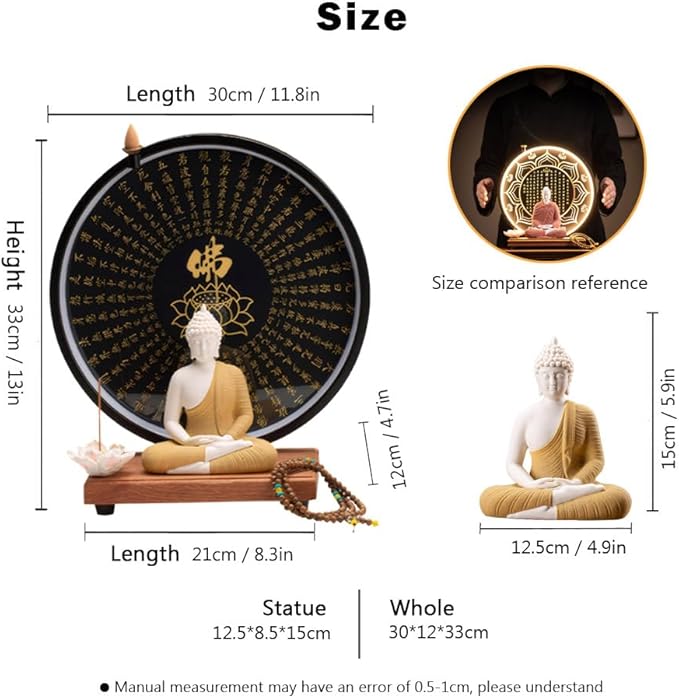 Shakyamuni Buddha Ceramic Statue Indoor Backflow Incense Burner with Led Ring Light Heart Meridian Painting，Meditation Decoration for Home and Office, Suitable for Cone and Stick Incense