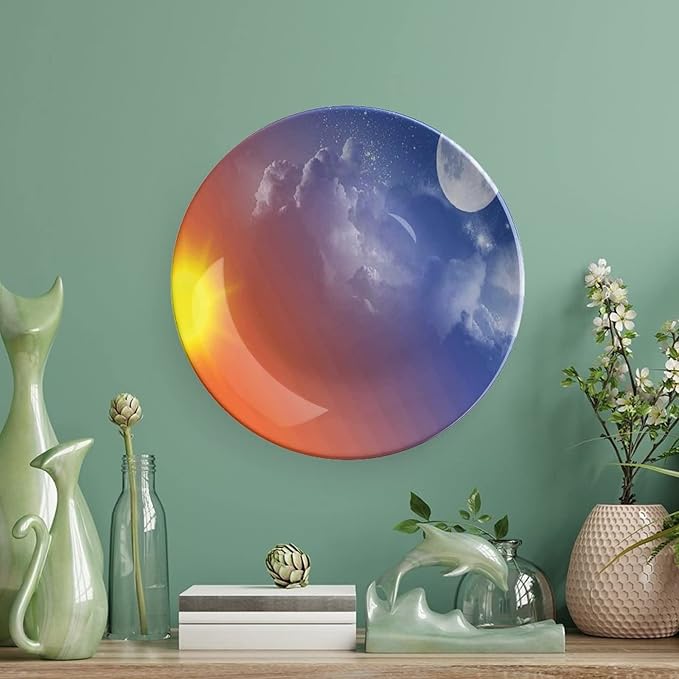 6 Inch Decorative Plate, Macrocosm Dinner Plate, Full Moon Sun Clouds Cycle of the Galaxy Sacred Movement Print Ceramic Wall Hanging for Fine Dining For Upscale Events, Dinner Parties, Weddings