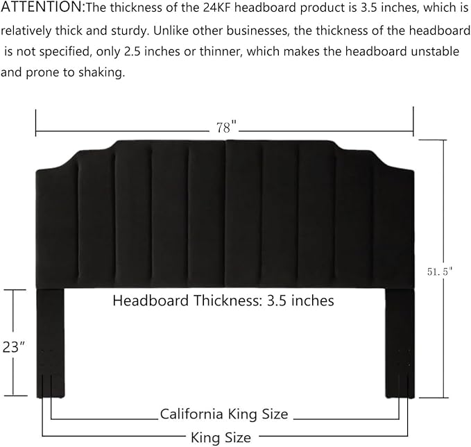 24KF Black Velvet Tufted King Upholstered Headboard, Modern Vertical Channel Design California King Headboard with Stepped Silhouette Top Edge,Black