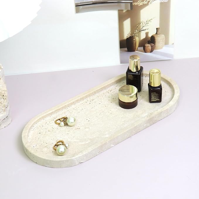Natural Marble Tray, Oval Vanity Decorative Tray for Bathroom Counter, Countertop Stone Organizer, Catchall Tray for Kitchen, Perfume, Candles, Jewelry Dish Decorative Tray