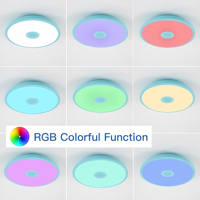 Sky Blue Waterproof LED Ceiling Light Fixture,Music Ceiling Lamp,with Bluetooth Speaker,11Inch 18W, 2700K-6500K Dimmable RGB Color Changing Light with Remote Control,Suitable for Boys' Room