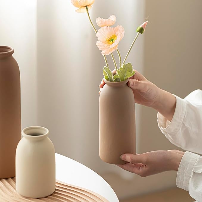 10.4 inches Tall Decorative Ceramic Vase Set, 3 Pieces, Nordic Modern Boho Style, White, Modern Farmhouse for Home Decor (Coffee Mix)