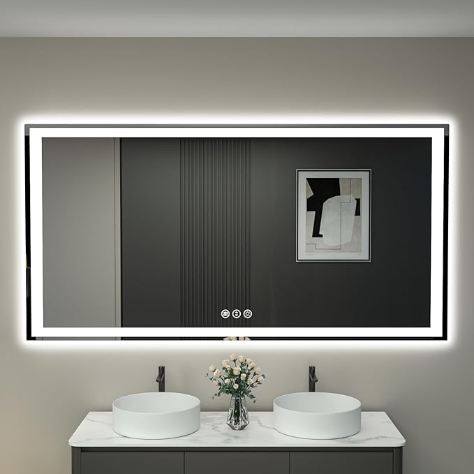 60"x 40" LED Bathroom Mirror with Lights, Front and Backlight, Dimmable Smart Mirror Bathroom, Anti-Fog, 3 Colors Lighted Bathroom Vanity Mirror for Wall Tempered Glass (Horizontal/Vertical)