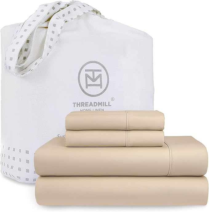 Threadmill Cotton Full Size Sheet Set| 100% Cotton Sheets for Full Size Bed | Solid Sateen Full Bed Sheets Set with 16” Elasticized Deep Pocket | Soft Breathable 4-Piece Cooling Sheet Set | Beige