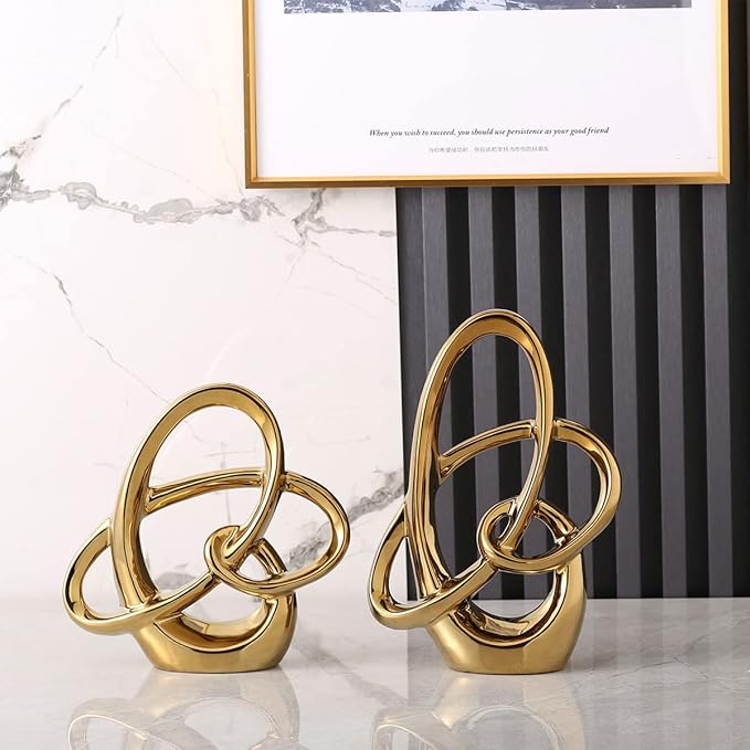 Modern Gold Knots Decor Ceramic Statue - Abstract Home Accent & Tabletop Figurine for Living Room, Bedroom, Bathroom, Office, Shelf, Mantel - Wedding, Coffee Table, Dining Room Centerpiece Decoration