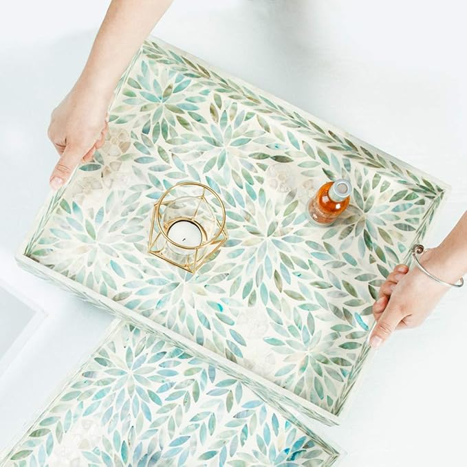 I-lan Creative Rectangular Mother of Pearl Shell Severing Tray Lacquer Wooden Decorative Tray Handmade Shell Serving Tray (35cm)