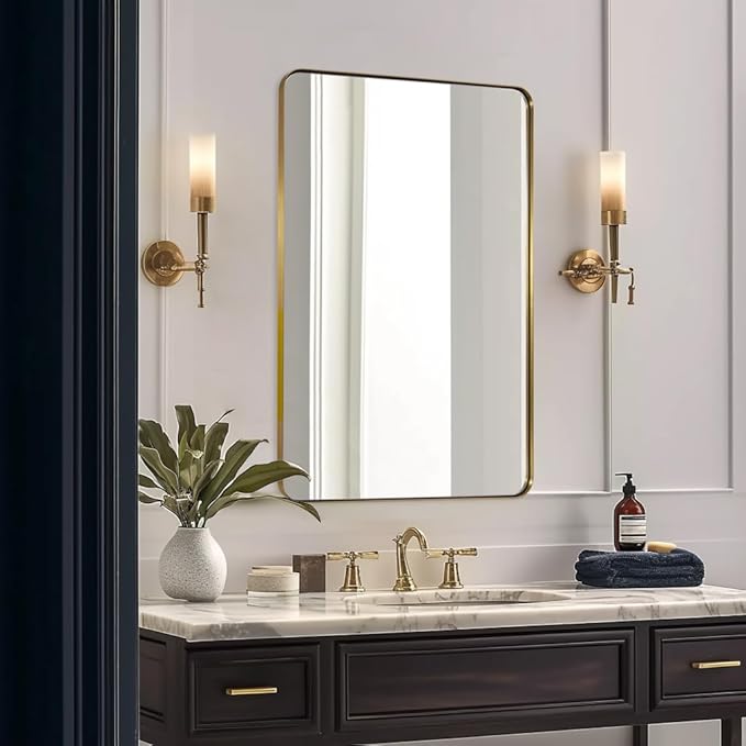 ANDY STAR Gold Bathroom Mirror, 24x36 Brushed Brass Rectangle Metal Frame Mirror for Bathroom, Modern Rectangular Wall Mounted Mirror for Vanity