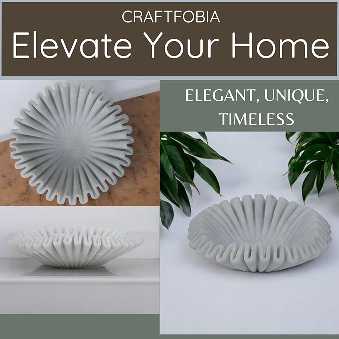 Marble Ruffle Bowl Handcrafted Decorative ScallopBowls - Antique Catchall Jewelry Dish Fruit Organizer for Home & Kitchen (6 inches)