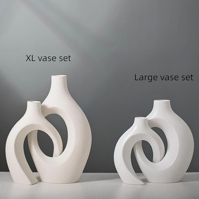 Levvohd XL Beige Ceramic Vase Set of 2 for Modern Home Decor, Eclectic Entryway Modern Boho Hollow Flower Vases for Living Room Bookshelf Dining Coffee Table Centerpiece (W 6.8" X H 11")