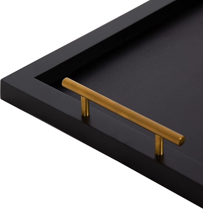 Kate and Laurel Halsey Rectangle Decorative Wooden Tray with Polished Metal Handles, 17 x 13, Black and Gold, Modern Glam Wood Rectangular Serving Tray for Display or Decoration