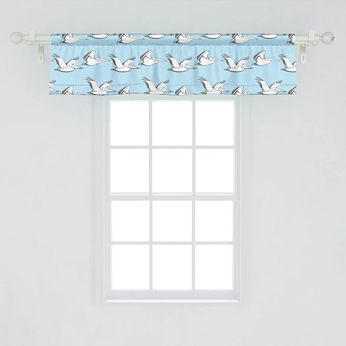 Lunarable Pelican Window Valance Pack of 2, Coastal Pattern with Flying Pelicans Waterfowl on Pale Blue Shade, Rod Pocket Curtain Valances for Kitchen Bedroom, 54" X 12", Blue Grey