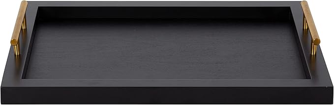 Kate and Laurel Halsey Rectangle Decorative Wooden Tray with Polished Metal Handles, 17 x 13, Black and Gold, Modern Glam Wood Rectangular Serving Tray for Display or Decoration