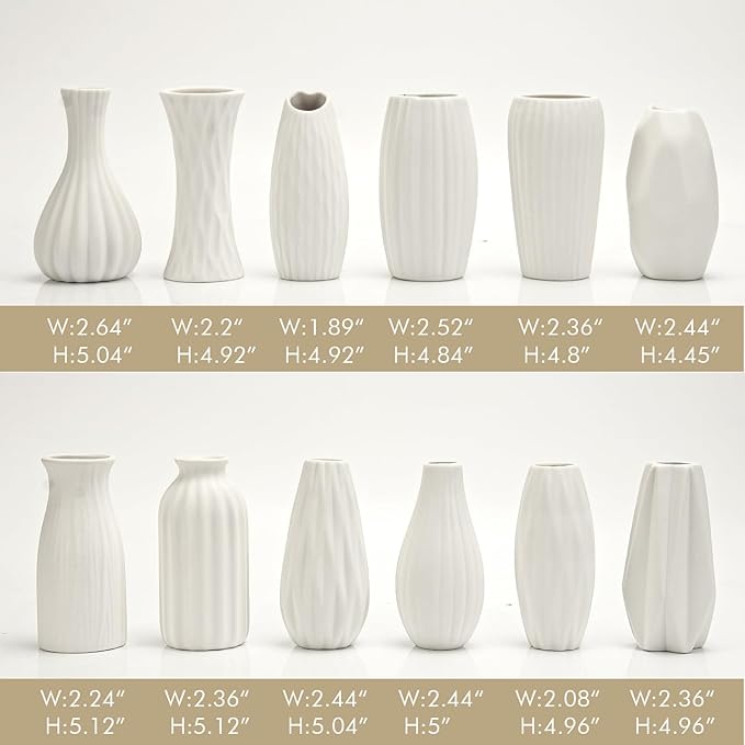BEAHOT Ceramic Bud Vases Set of 12 - Matte Mini White Jars Bulk | Small White Ceramic Vases for Centerpieces, Wedding Floral Arrangements, DIY Crafts & Boho Table Decor (No Repeating Designs)