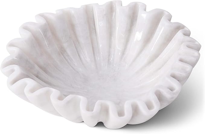 Marble Ruffle Bowl 8 Inch Handmade White Large Decorative Bowls for Home Decor - Scalloped Fruit Bowl for Kitchen Counter, Fluted Bowls for Housewarming Gifts & Coffee Table Decor