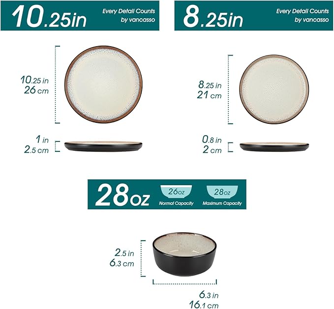 vancasso Plates and Bowls Sets, 24 Pieces Stoneware Dinnerware Sets for 8, Kitchen Dish Set Mircowave and Dishwasher Safe Dinner Set Ceramic Dishware, Light Cream, Series AMBER