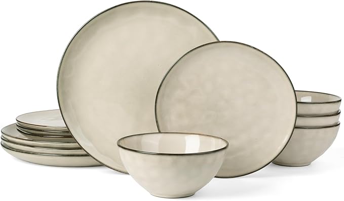 Famiware Dinnerware Sets for 4, Ocean Round 12-Piece Kitchen Plates and Bowls Sets, Microwave and Dishwasher Safe, Scratch Resistant, Light khaki