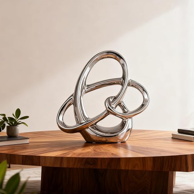 Modern Silver Ceramic Statue – 8.66in Abstract Art Sculpture for Dining Table Decorations, Home Decor Accents for Shelf, Mantel, Office or Living Room Centerpieces