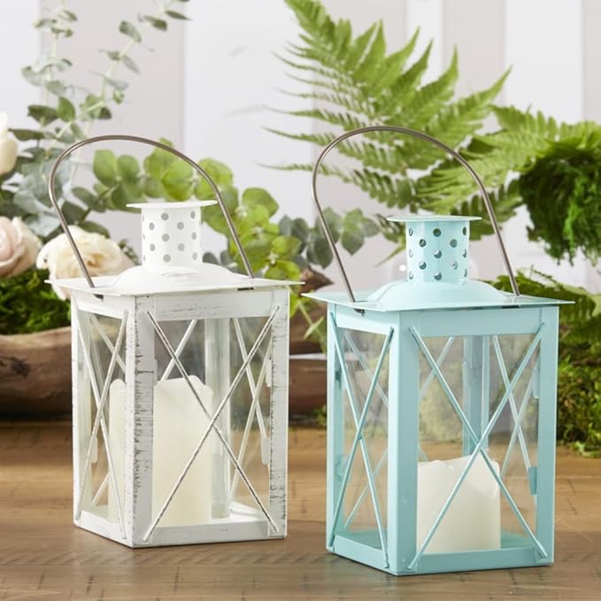 Kate Aspen Rustic Shelf Decor Luminous Vintage Tea Light Votive Candle Holders, Medium Metal Decorative Lantern, Distressed White