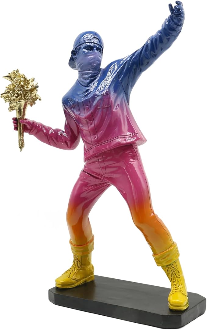 POTAMI Banksy Flower Thrower Sculpture 15.75 inch Graffiti Art Statue with Gold Bouquet Replica Gradient Color Accent Inspirational Home Decor Shelf Gift,Cool Stuff to Put on Shelves