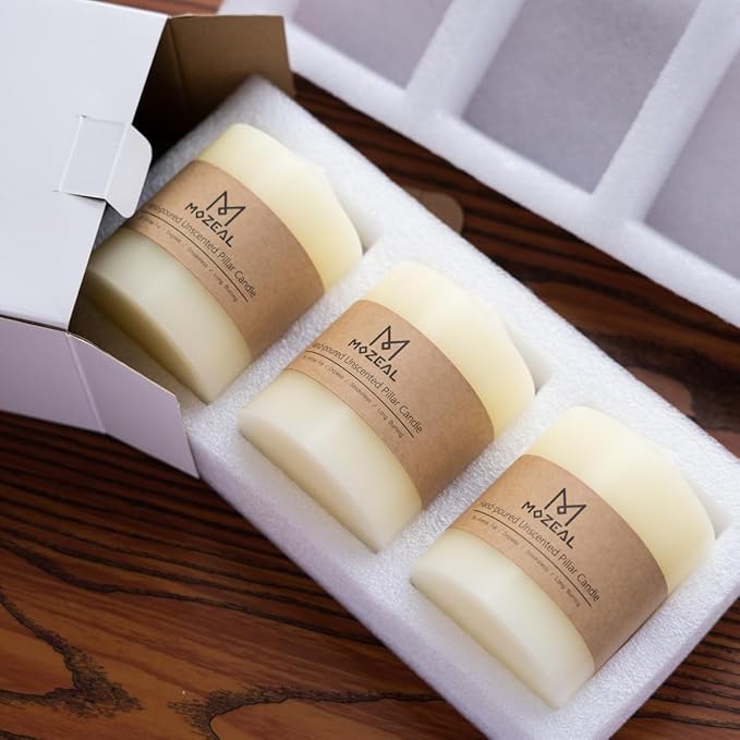 MOZEAL 3" x 4" Hand-Poured Unscented Red Pillar Candles,Dripless Candles Set of 3,Smokeless,Clean Burning,Approx 60 Hours Burn Time,Wedding,Dinner,Christmas and Home Decor（3 Inch Width Series）
