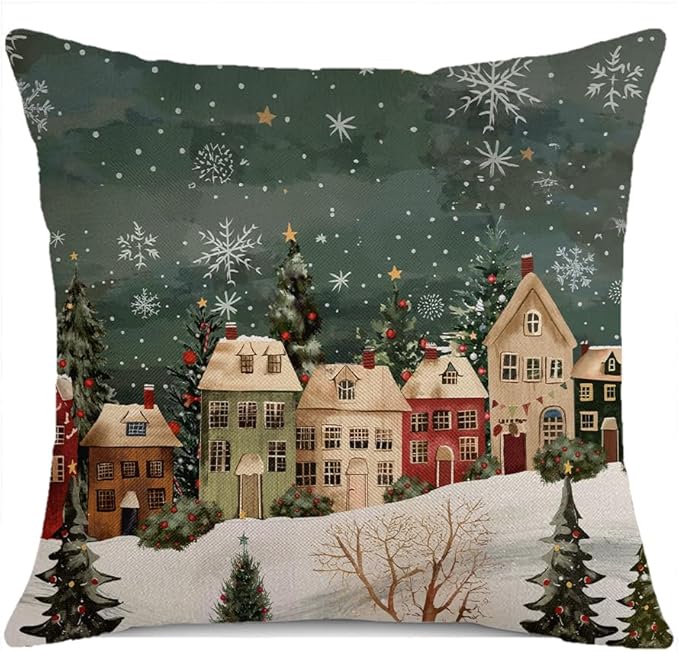 Winter Decorative Rectangle Pillow Cover 18 x 18, Wonderland Forest House Snowflake Vintage Porch Outdoor Pillowcase, Christmas Holiday Seasonal Farmhouse Cushion Case Home Decor