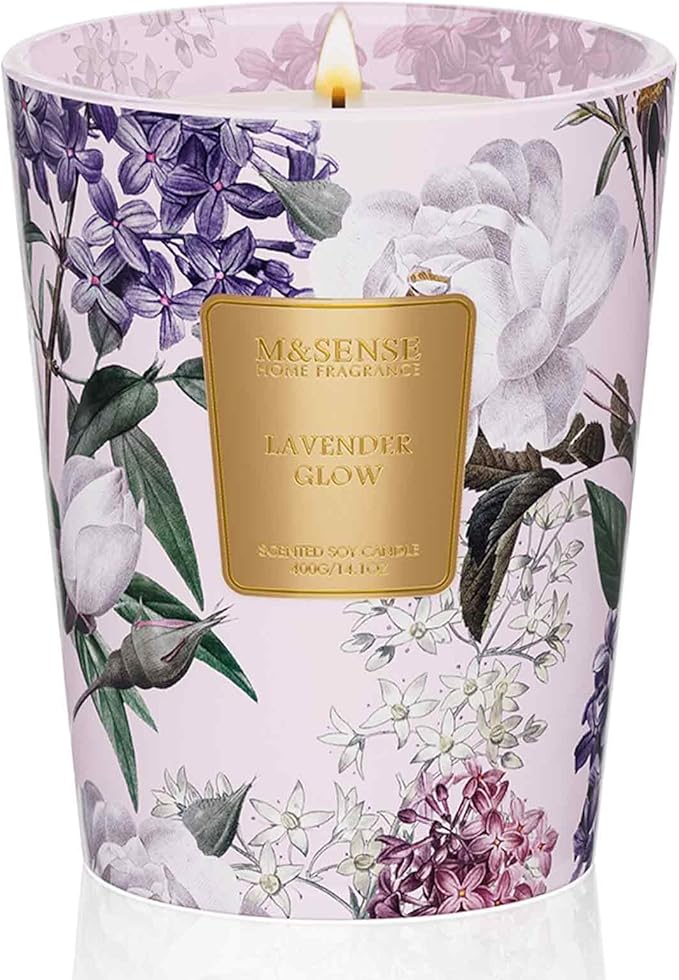 M&SENSE Lavender Glow Scented Natural Soy Wax Candle, 14.1oz 60 Hours Long Lasting Slow Burning Candles for Home Decor, Aromatherapy Candle for Stress Relief