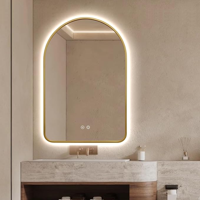 36"x24" Arched LED Bathroom Mirror, Wall Mounted Backlit Mirror with Lights Fog Free Lighted Framed Mirror Smart Anti-Fog 3 Color Temperatures Adjustable Brightness Gold