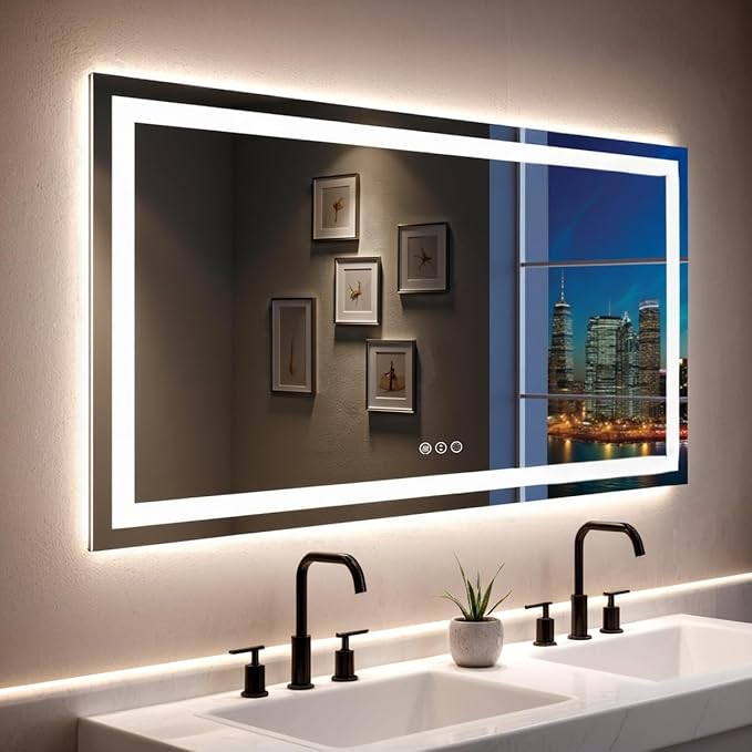 55"x 30" LED Bathroom Mirror with Lights, Double Lighting Sources Dimmable, Anti-Fog Vanity Mirror with Lights, Lighted Bathroom Vanity Mirror for Wall Tempered Glass (Horizontal/Vertical)