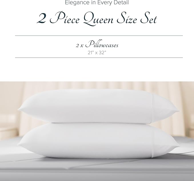Carressa Linen 100% Egyptian Cotton Pillow Cases Standard/Queen Size Set of 2 - Luxury 1500 Thread Count Sateen White Pillow Cases, Silky Soft Cotton Pillowcases Fits Standard & Queen Pillows
