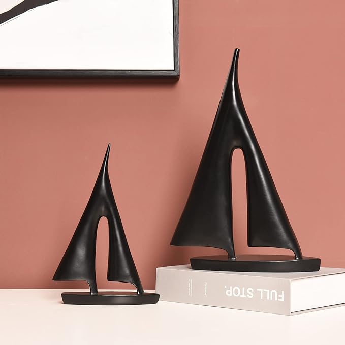 Modern Sculptures Home Decor, Sailboat Decor Ornament, Boat Decorations Statue Decor, Art Sculptures and Statues, Sailboat Gifts Home Office Bathroom Shelf Decor (Black-2 Pack)