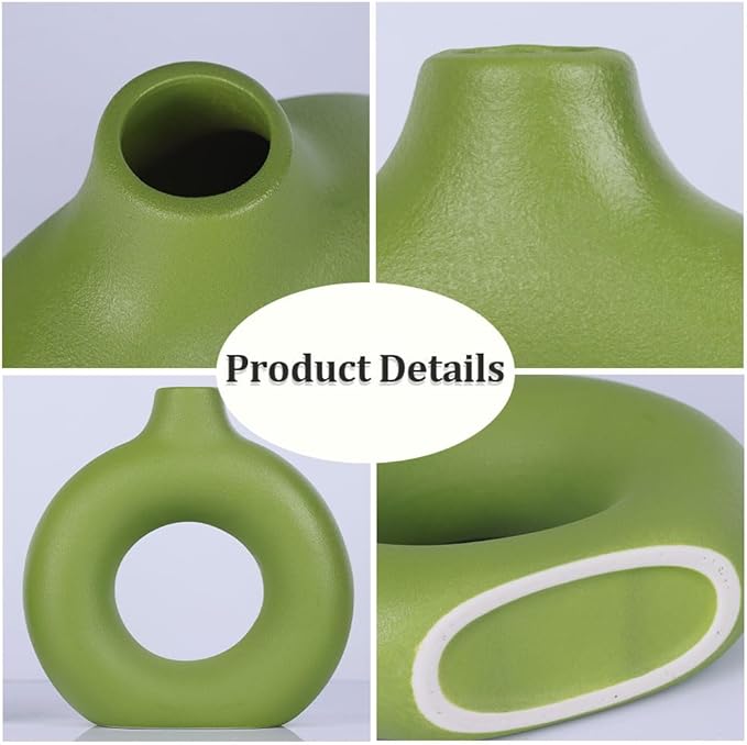 Green Ceramic Vase Set of 2, Flower Vase for Home Decor, Donut Vase for Green Decor, Modern Boho Decorative Vase, Round Hollow Pampas Grass Vase, Perfect for Dining Table, Mantel & Centerpiece