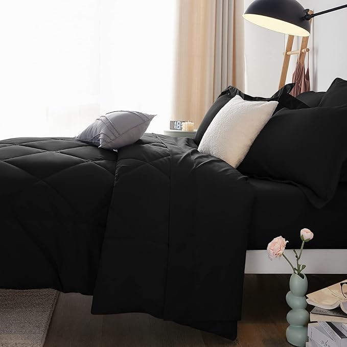 CozyLux Queen Comforter Set Black - Bed in a Bag Queen Size 7 Pieces, Luxury Soft Bed Set for All Seasons, Bedding Set with Down Alternative Comforter, Sheets, Pillowcases & Shams