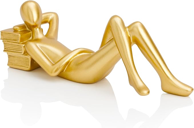 Reading Women Lying Down Figurine Gold Decor, Elegant Addition to Reading Nook, Small Gold Decor Fun Paperweight