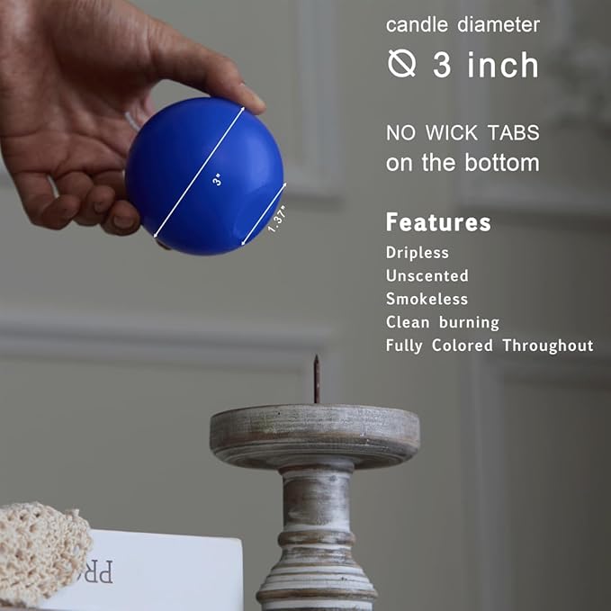 MOZEAL Hand-Poured, 3 Inch Blue Round Ball Candles - Elegant Blue Round Pillar Candles Set of 3, Dripless, Unscented, Smokeless, Ideal for Summer Parties.