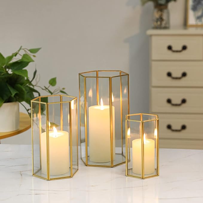 Glass Hurricane Candle Holder, Set of 3 Large Clear Hexagon Lanterns Pillar Candle Lantern with Gold Metal Frame Wedding Centerpiece Table Decor Home Decorations