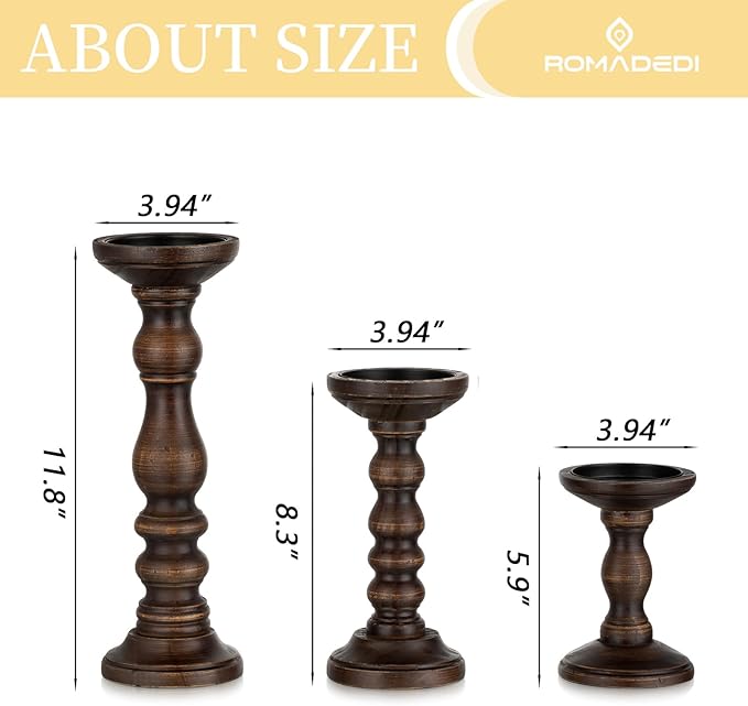 Romadedi Wood Candle Holders for Pillar - Set of 3 Tall Rustic Vintage Wooden Candlestick Holder, Farmhouse Candle Stand for Fireplace Mantle Shelf Table Home Decor, Dark Brown, 6"/ 8.3"/11.8"