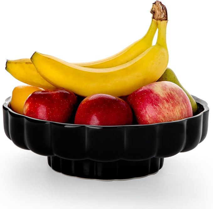 Nucookery Ceramic Petal Fruit Bowl for Kitchen Counter, 11 Inch Modern Decorative Bowl, Elegant Fruit & Vegetable Storage Container, Large Bread Basket, Black
