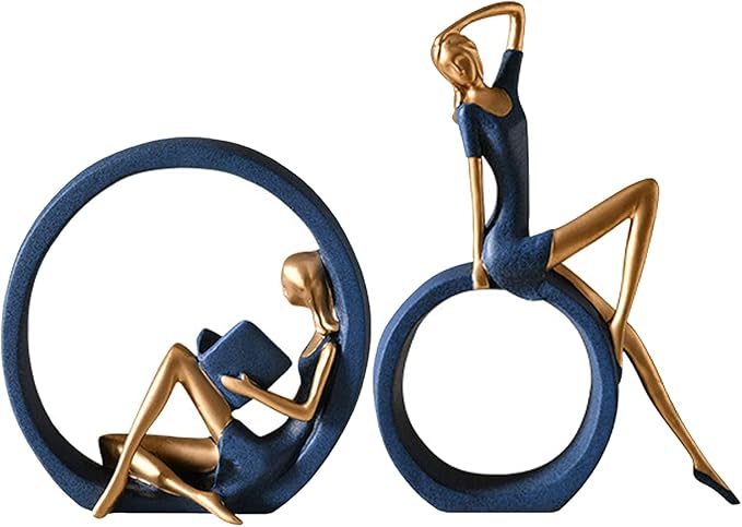 H&W 2PCS 11''H Girl Statues,Resin Abstract Sculptures,Reading Girl Statue Ornaments,Yoga Girl Collectible Figurines for Home Office Living Room Table Bookshelf Desk Housewarming Décor