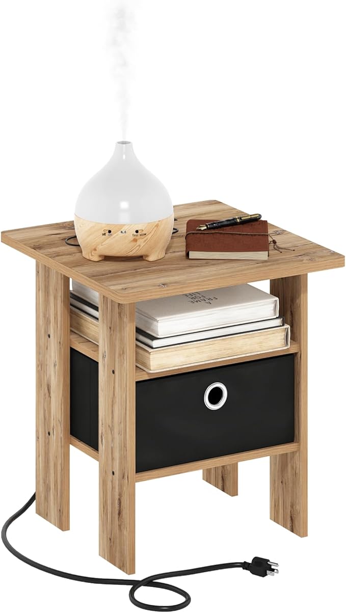 Furinno Andrey USB and Type-C Port Charging Station End Table with Storage Bin, 15.55 (W) x 12.56 (H) x 8.5 (D) inches, Flagstaff Oak/Black