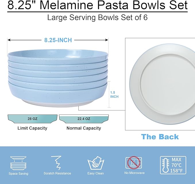 Webbylee 8.25" Melamine Pasta Bowls Set of 6-28oz Melamine Large Salad Bows，Serving Bowls for Cereal, Fruit, Soup，Deep Enough for Kitchen and Dining Blue/Beige