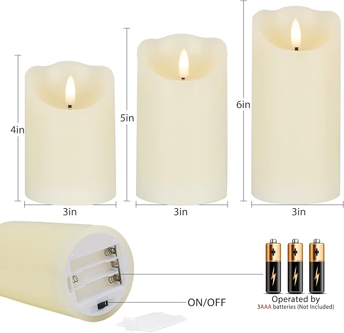 Flameless Candles with Remote, Battery Operated Real Wax LED Flickering Candles with Timer, Fake Electric Candles for Christmas Party Room Home Decor, Set of 3 (Ivory)