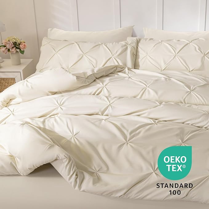 Sasttie California King Comforter Set, 7-Piece Bed in a Bag Cal King, Pintuck Bedding Set for All Season, Includes Comforter, Flat Sheet, Fitted Sheet, Pillowcases and Pillowshams, Beige