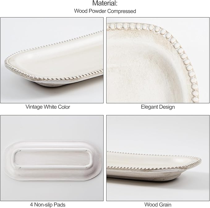 White Decorative Tray for Farmhouse Home Decor, Vanity/Jewelry/Perfume Tray for Coffee Table Decor, Living Room, Bathroom, Kitchen Counter, 13.97" Wood Oval Beaded Trays Boho Modern Decorations
