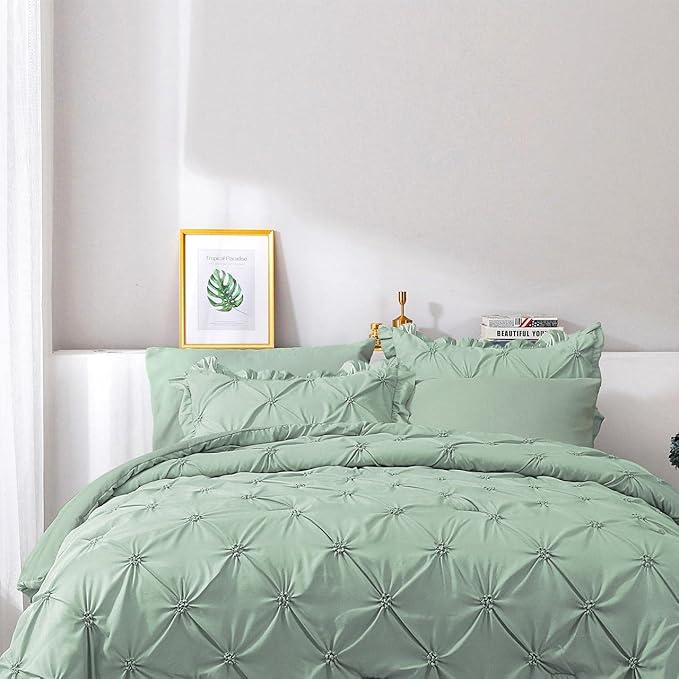 JOLLYVOGUE Green Twin Size Comforter Sets 5 Pieces, Pintuck Bed in a Bag Comforter Set for Bedroom, Bedding Comforter Sets with Comforter, Sheets,Ruffled Shams & Pillowcases
