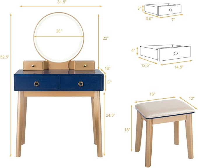 CHARMAID Vanity Desk with Lights, Navy Blue Makeup Vanity Desk with 3-Color Lighted Mirror, 4 Drawers, Cushioned Stool, Modern Bedroom Makeup Dressing Table for Small Place