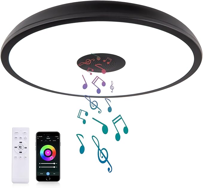 Black Smart Waterproof LED Flush Mount Ceiling Light Fixture,18W,with Bluetooth Speaker,RGB Color Changing Function-Dimmable Lamp,Tuya Application Control-Compatible with Alexa Google Home