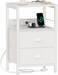 Furologee End Table with Charging Station, Nightstand with Fabric Drawers, Side Tables with USB Ports & Outlets, Night Stand with Storage Shelf & Hooks, for Living Room/Bedroom, White